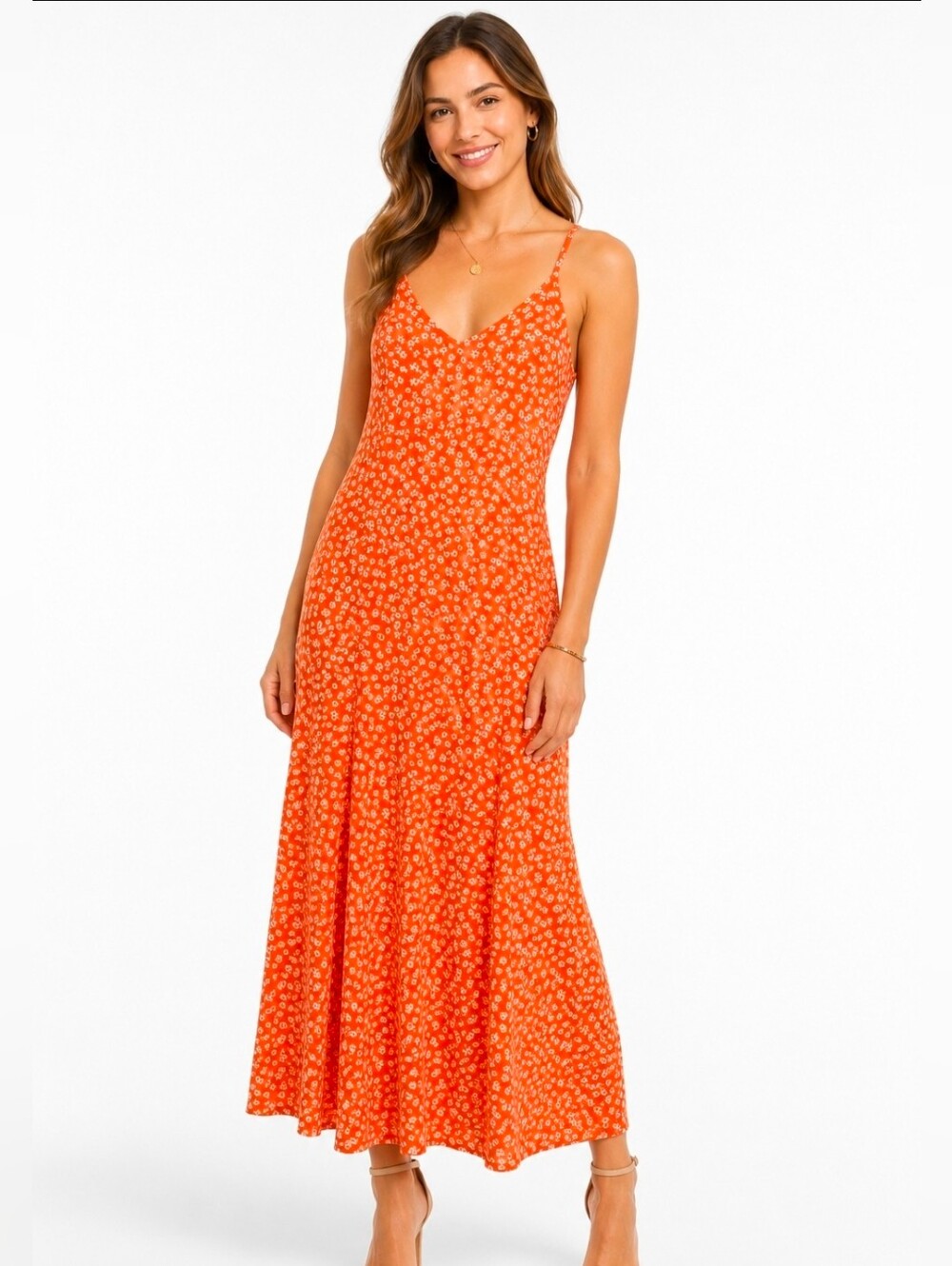 Vince Camuto Orange and White Ditsy Floral Maxi Sundress Summer Beach Size XXS